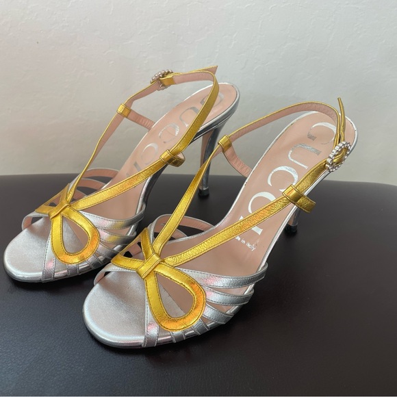 Gucci Nappa Zephyra Bow Gold and Silver Heels size 7 - Picture 3 of 5